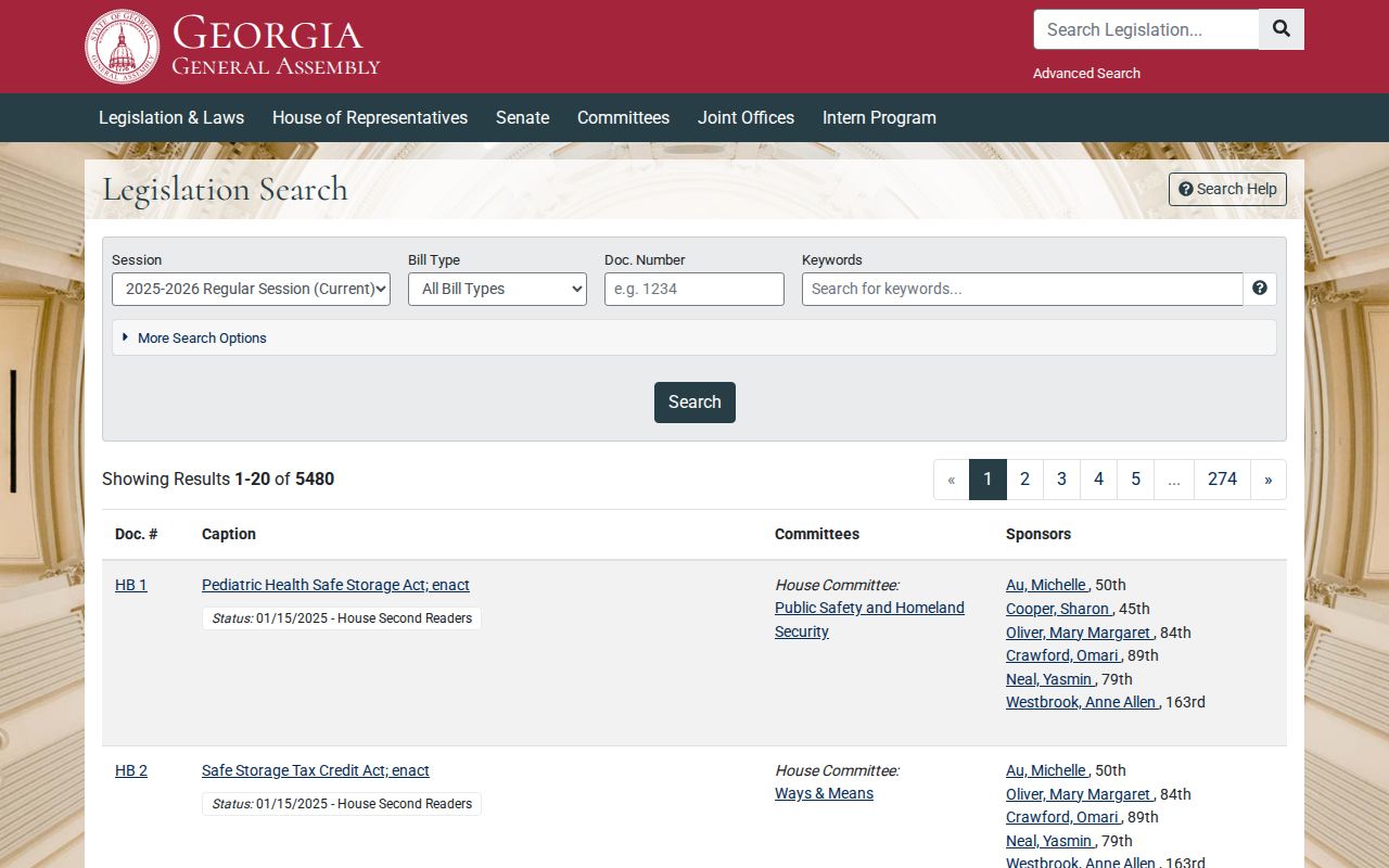 Georgia General Assembly legislation search page